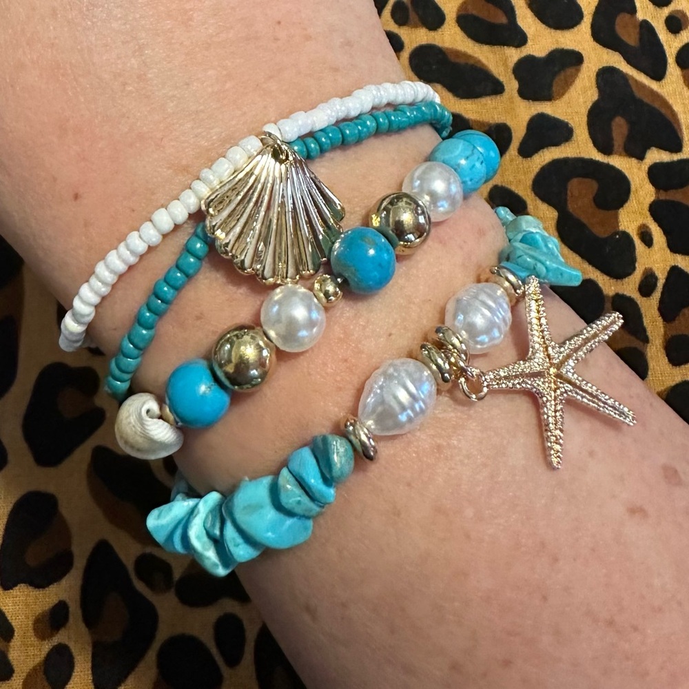 Turquoise and Gold Shell & Starfish Bracelet Set